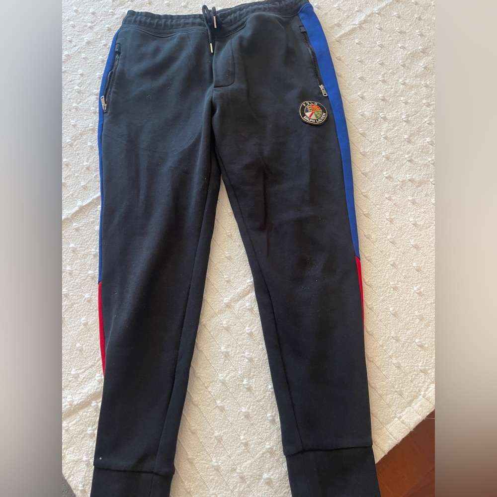 90s Polo Ralph Lauren Men's Navy Color Block Vintage Fleece Sweatpants S